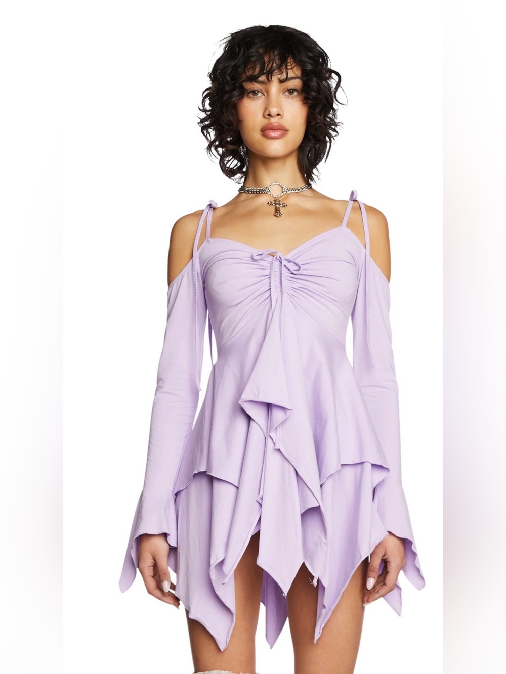 Current Mood Lavender Cold-Shoulder Ruffle Tunic Dress